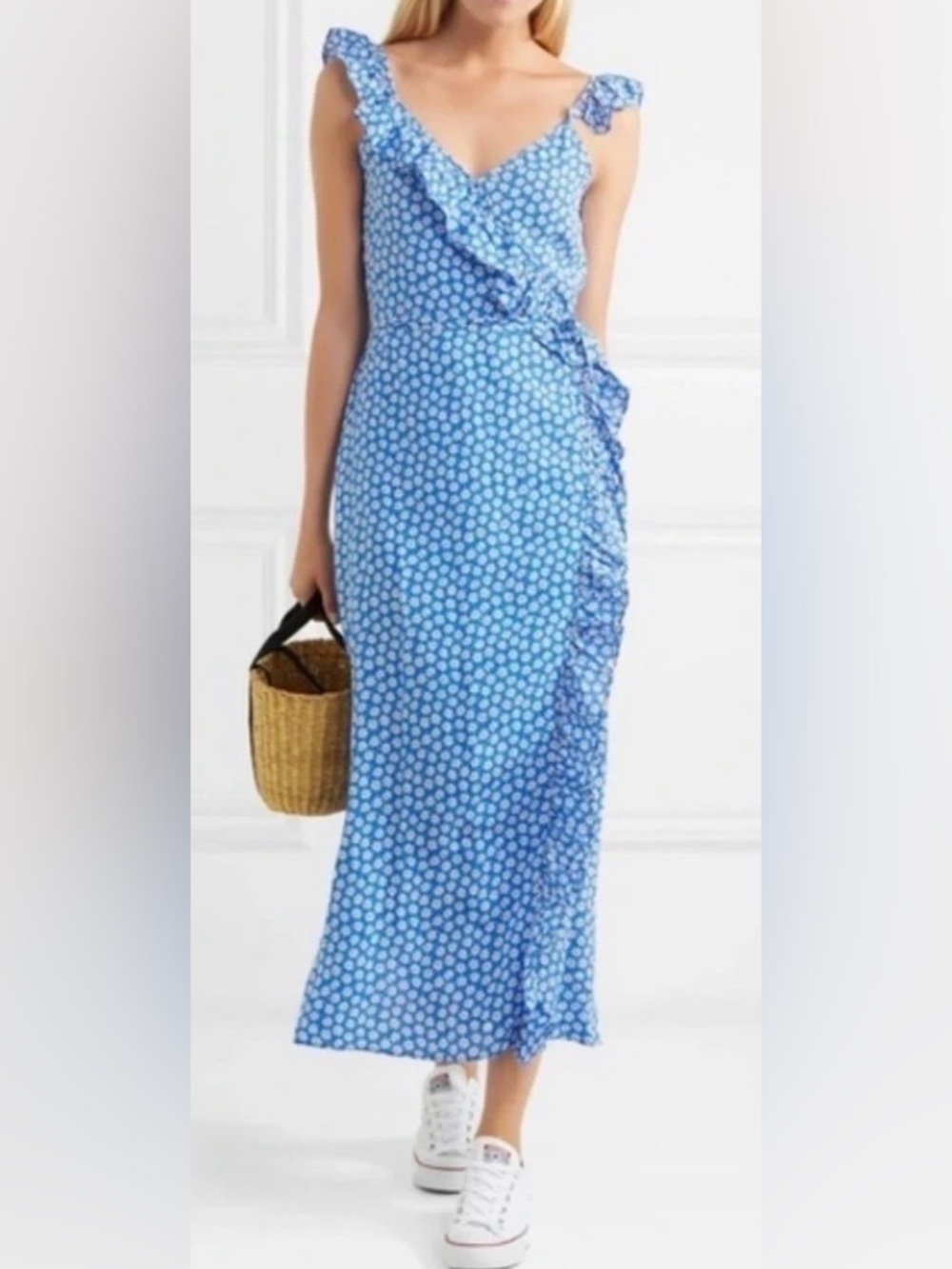 Madewell | Women’s Blue/White Floral Camille Sleeveless Ruffle Midi Dress Size 6